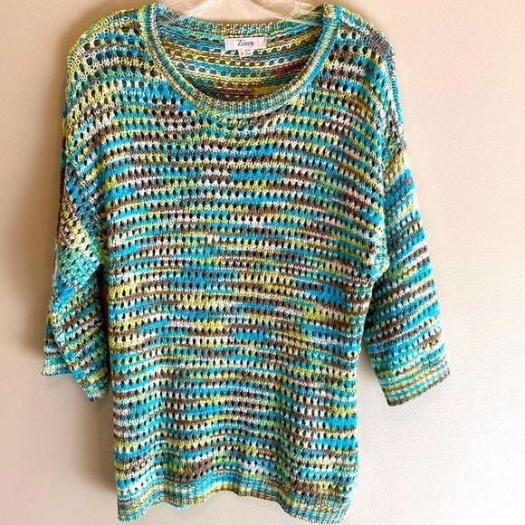 Zowy open knit weave crew sweater 3/4 sleeve tan lime green & blue size Medium - Picture 1 of 4